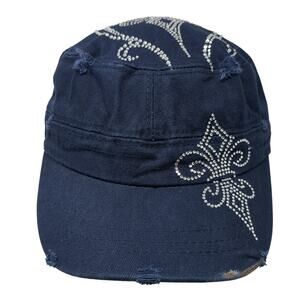 Fleur De Lis Strapback Cadet Army Cap Blue OS Distressed Rhinestone Nex Gen